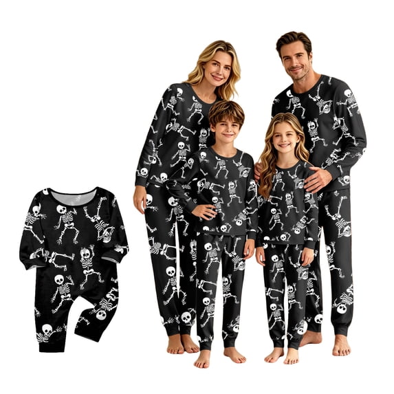 HTHLVMD Halloween Pjs, Halloween Pajamas for Family, 2 Piece Long Sleeve Pajama Sets, Dancing Skeleton Print Comfy Loungewear Pjs, Fun Cozy Matching Sleepwear for Spooky Nights, 100