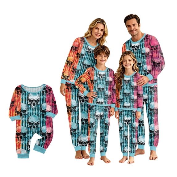 HTHLVMD Halloween Pjs, Halloween Sleepwear, Halloween Pajamas for Family, 2 Piece Long Sleeve Pajama Sets, Colorful Skull Stripe Print Comfy Loungewear Pjs, Trendy Cozy Matching Sleepwear,WoMen M