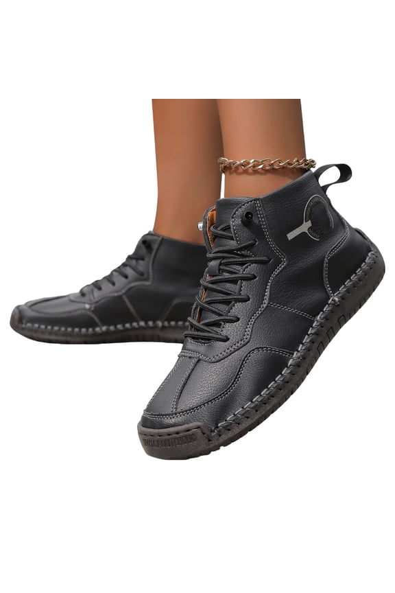 Hand-Stitched High Top Sneakers, Casual Comfort Walking Shoes, Orthopedic Sneakers, Women's Handmade Leather Comfy Shoes, Soft Comfort Arch Support Boots Men, Black 5