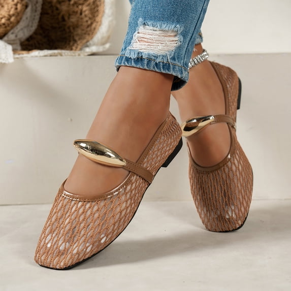 HTHLVMD Hollow Breathable Casual Footwear, Mesh Mary Jane, Widestep Shoes for Women, Women's Mesh Ballet Flats Fishnet Ballerina Flats Buckle Strap Mary Jane Causal Daily Dress Shoes, Khaki 8