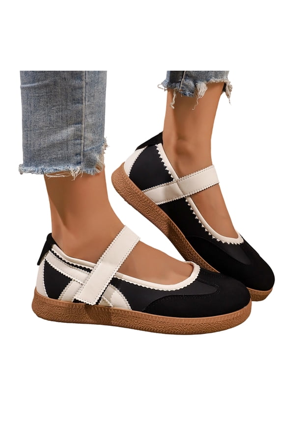 Hook and Loop Sneakers, Color Block Walking Shoes, Women's Retro Platform Mary Jane Shoes Casual Hook and Loop Sneakers Stylish Color Block Walking Shoes Comfort Cushion Footwear, Black 6