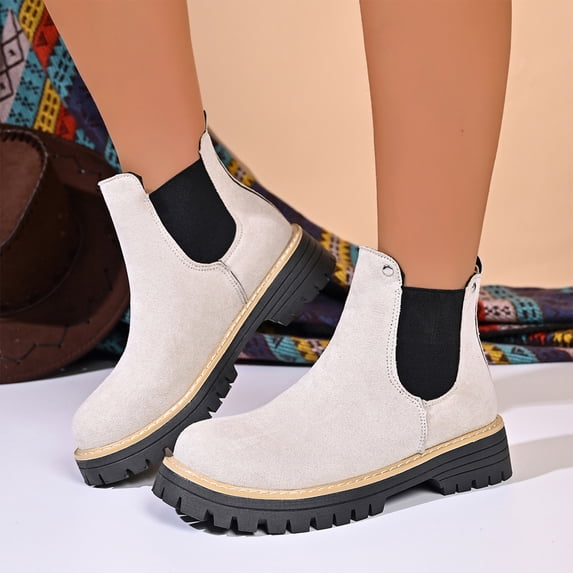 HTHLVMD Insulated Lug Sole Boots, Winter Elastic Suede Chelsea Boots Pull On Lug Sole Booties Urban Street Walk Shoes Classic Comfort Twin Gore Footwear Backyard Work Boots, White 8.5