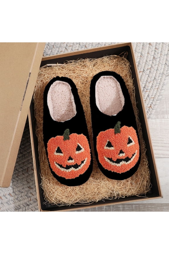 Jack O Lantern Shoes, Cozy Fleece Slip Ons, Halloween Pumpkin Jack-O-Lantern Slippers Cozy Fleece House Shoes Warm Closed Toe Slip On Festive Indoor Slippers, Black 7.5