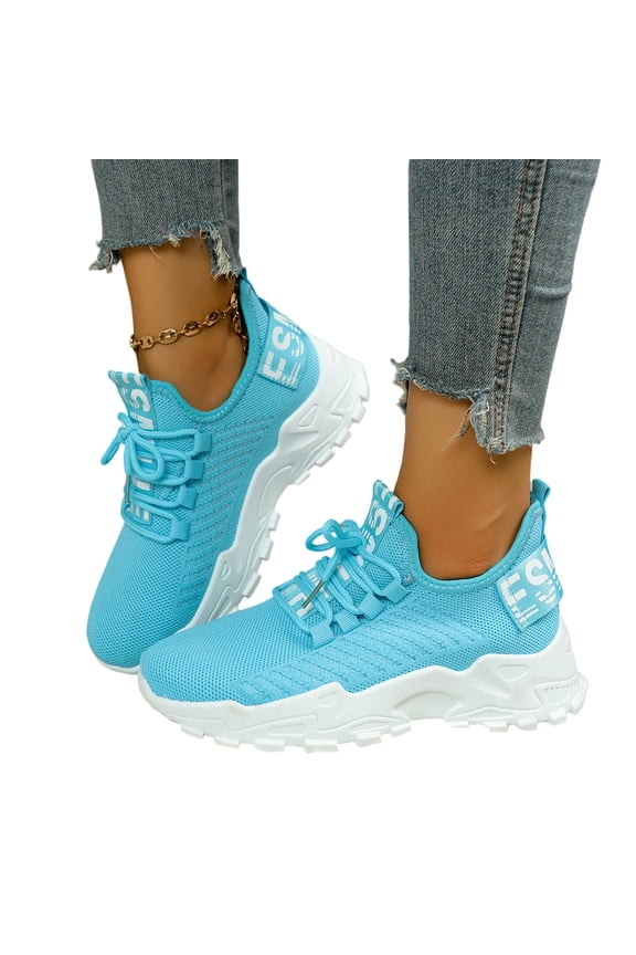 Knit Chunky Sneakers for Women, Fashion Casual Walking Shoes, Women's Breathable Walking Running Shoes Casual Lace Up Tennis Sneakers Non Slip Work Sport Athletic Shoes, Blue 10