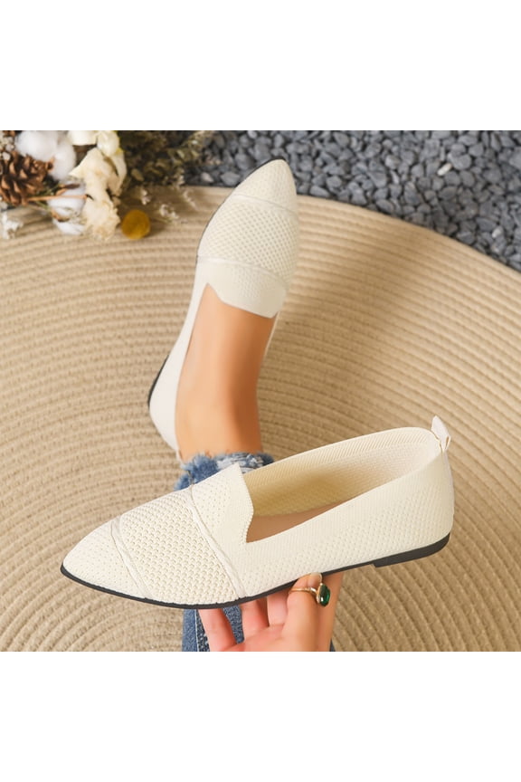 Knit Mesh Pointed Toe Loafers, Breathable Slip-On Flats, V-Cut Vamp Design, Womens Mesh Soft Sole Non Slip Flat Pointed Toe Breathable Slip On Lazy Shoes Casual Round Toe Loafers, Beige 6