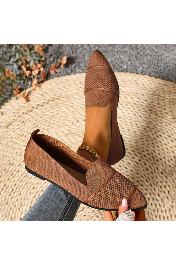 Knit Mesh Pointed Toe Loafers, Breathable Slip-On Flats, V-Cut Vamp Design, Womens Mesh Soft Sole Non Slip Flat Pointed Toe Breathable Slip On Lazy Shoes Casual Round Toe Loafers, Brown 8