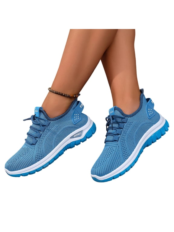 Knit Mesh Slip-On Sneakers, Lightweight Breathable Casual Shoes, Women's Sports Shoes, Lightweight Lace Up Low Top Running & Tennis Sneakers, Breathable Gym Trainers for Holiday, Blue 5.5