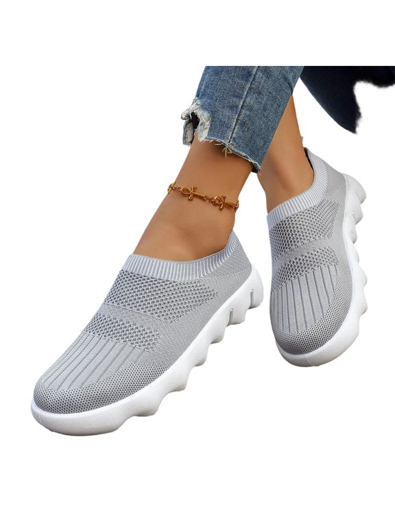 Knit Sock Style Slip-On Sneakers, Women Chunky Sole Comfortable Footwear, Easy Slip-On Sneakers, Woman's Breathable Knit Walking Tennis Gym Slip On Laceless Sneakers, Gray 6.5