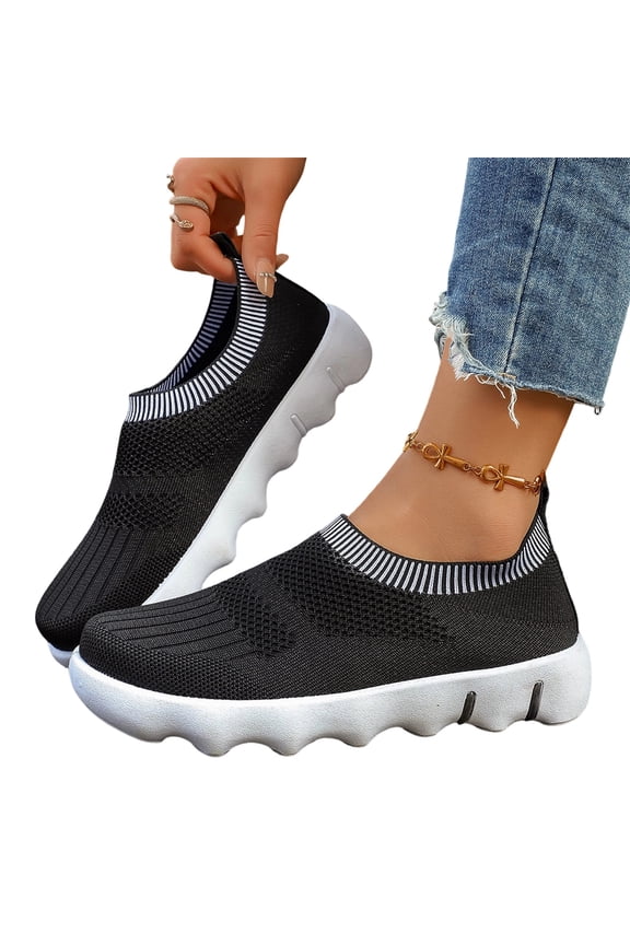 Knit Sock Style Slip-On Sneakers, Women Chunky Sole Comfortable Footwear, Easy Slip-On Sneakers, Woman's Breathable Knit Walking Tennis Gym Slip On Laceless Sneakers, Black 9
