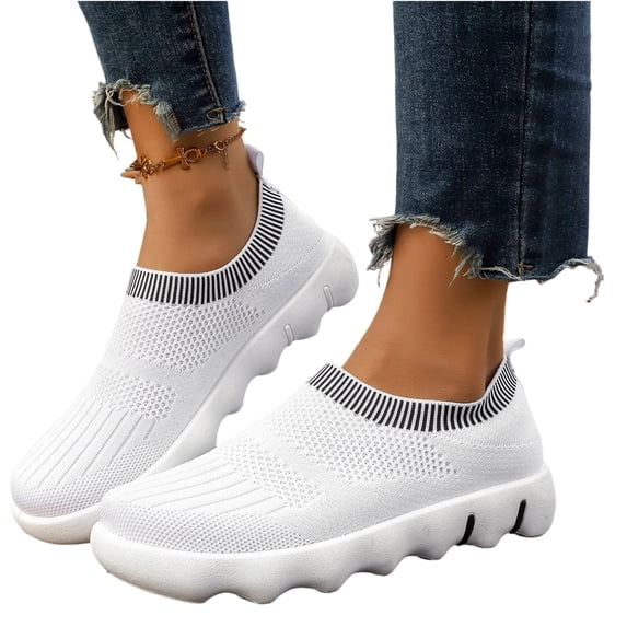 HTHLVMD Knit Sock Style Slip-On Sneakers, Women Chunky Sole Comfortable Footwear, Easy Slip-On Sneakers, Woman's Breathable Knit Walking Tennis Gym Slip On Laceless Sneakers, White 8.5