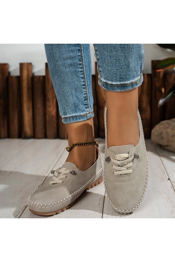 Lace‑Up Suede Patchwork Loafers, Women's Handmade Leather Slip On Orthopedic Loafers, Casual Vintage Comfortable Lightweight Anti Slip Walking Flat Shoes, Beige 8