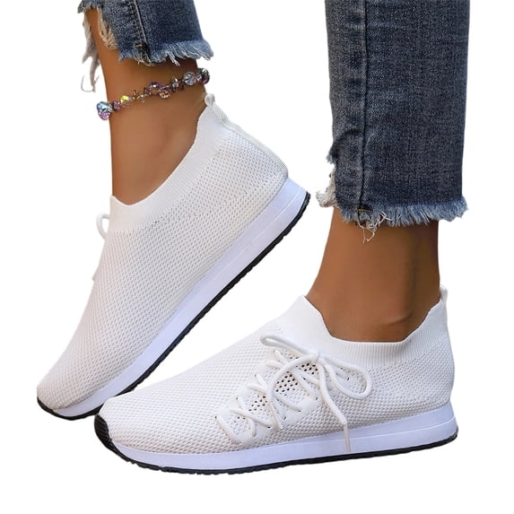 HTHLVMD Lace Up Walking Shoes, Barefoot Shoes Women Slip on Sneakers Walking Tennis Running Minimalist Shoes Fashion Wide Toe Casual Comfortable Summer Ladies Loafer, White 9