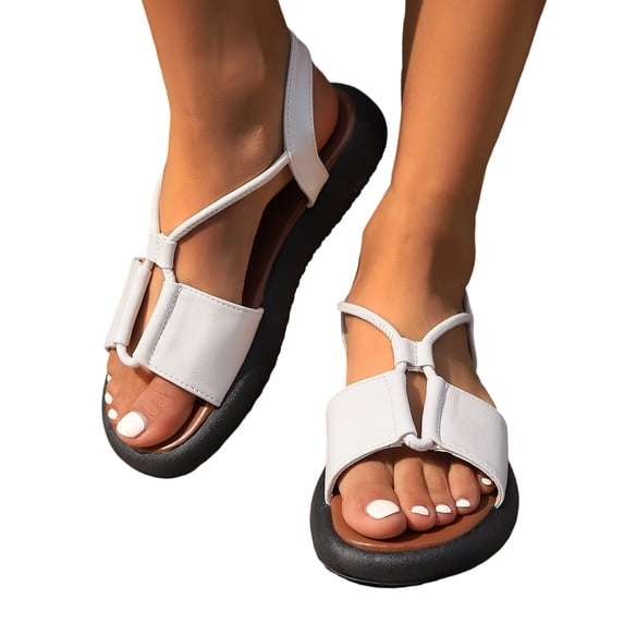 HTHLVMD Leather Flat Shoes, Strappy Sandals for Women, Neutral Sandals for Women Women's Casual Side Hollow Belt Buckle Flat Roman Shoes Summer Fashion Ladies Sandals, White 7