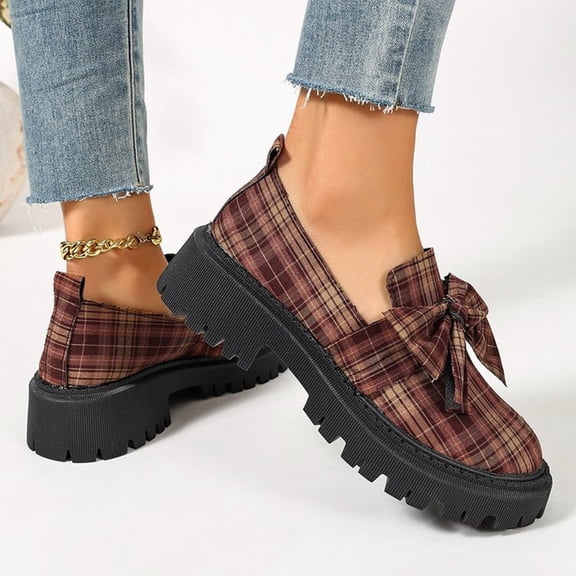 HTHLVMD Leather Loafers for Women, Womens Slip On Walking Shoes, Chunky Platform Shoes, Preppy Platform Flats, School Style Shoes, Women's Plaid Bow Chunky Loafers, Platform Slip-On Shoes, Brown 5.5