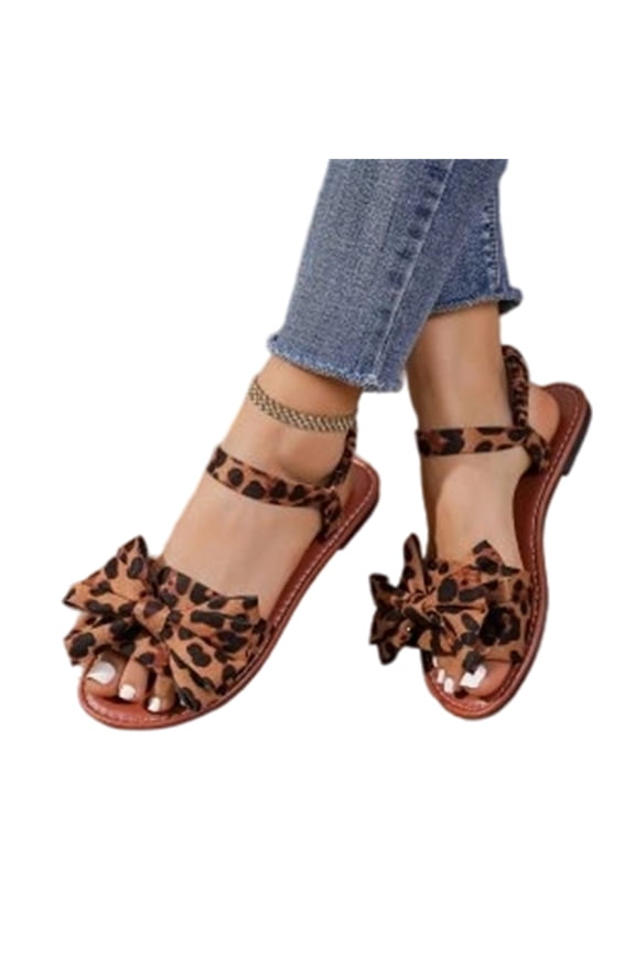 Leopard Print Bow Sandals, Flat Comfort Summer Shoes, Bohemian Style Shoes, Women's Bow Flat Sandals Dressy Formal Cute Strappy Ankle Strap Open Toe Summer Beach Sandals 2026, Brown 7.5