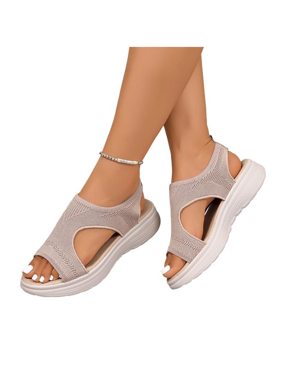 Lightweight Casual Footwear, Wide Width Sandals for Women, Womens Orthopedic Walking Sandals With Arch Support Summer Open Toe Knitted Sports Shoes Lightweight Platform Sandals, Beige 7.5
