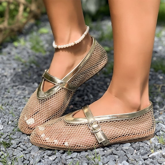 HTHLVMD Lightweight Slip‑On Flats, Pointed Toe Mesh Mary Jane Flats, Mesh Ballet Flats for Women Buckle Strap Comfy Casual Office Fishnet Ballerina Flat Shoes, Gold 7