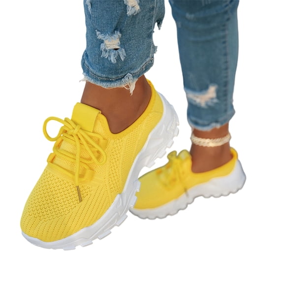 HTHLVMD Lightweight Walking Sneakers for Women, Women's Casual Platform Sneakers, Women's Mesh Orthopedic Running Walking Sneakers Lightweight Breathable Lace Up Tennis Sneakers, Yellow 8