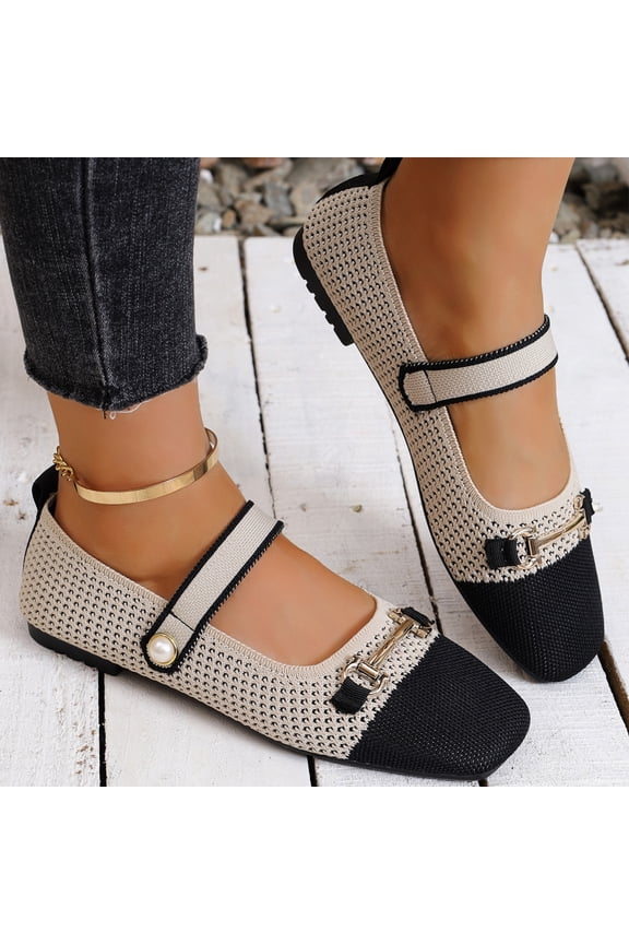 Mary Jane Knit Flats, Women's Knitted Cap Toe Mary Jane Shoes,Comfortable Square Toe Arch Support Walking Shoes Soft Sole Strappy Mesh Office Work Dress Shoes Elegant Ballets Flats, Black 8