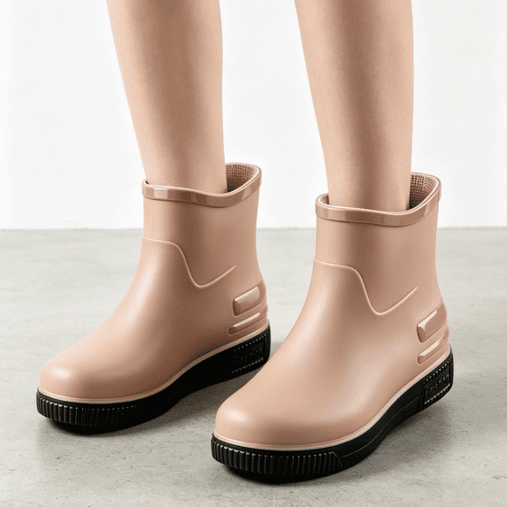 HTHLVMD Matte Ankle Rain Boots, Matte Ankle Rain Boots Waterproof Sporty Garden Shoes Thick Sole Slip On Mud Boots Outdoor Utility Footwear Cushioned Slip Resistant Water Boots, Khaki 7.5