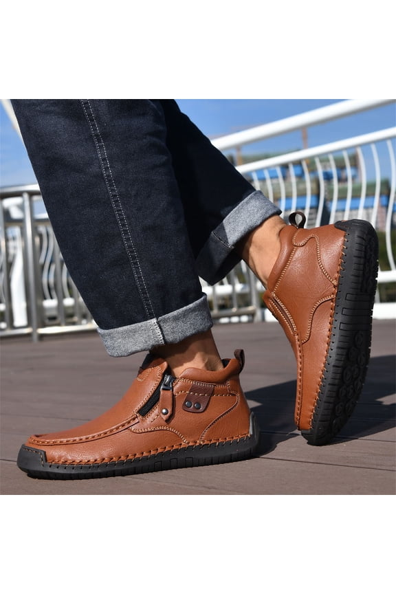 Men's Casual Leather Ankle Boots, Men's Mid-Top Slip On Chukka Boots,Vintage Leather Hand-Stitching Elastic Non-Slip Driving Walking Casual Dress Shoes, Light Brown 7