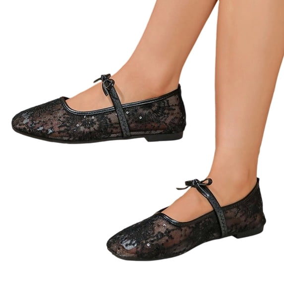 HTHLVMD Mesh Mary Jane Flats, Lace Ballet Shoes, Women's Elegant Mesh Mary Jane Flats Embroidered Lace Ballet Shoes Sweet Bow Strap Pointed Toe Dress Shoes Casual Lightweight Loafers, Black 5