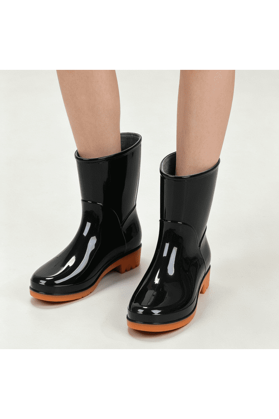 Mid Calf Rain Boots, Mid Calf Rain Boots Tall Waterproof Garden Boots High Top Mud Shoes Pull On Slip Resistant Commuting Footwear Heavy Duty Outdoor Utility Boots, Black 5.5