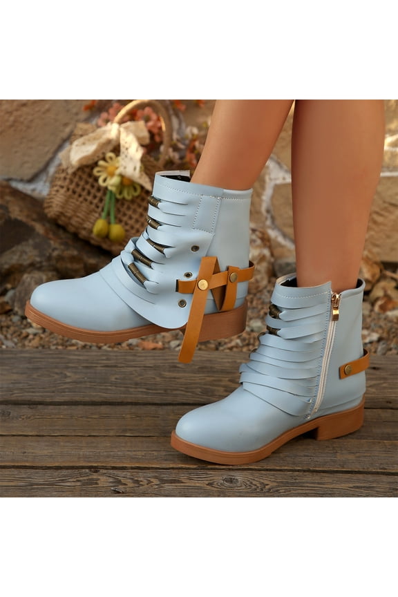 Motor Short Boots, Folded Collar Motor Short Boots Casual Outdoor Strolling, Buckled Leather Strap Accent Footwear Holiday Travel Wearing, Low Block Heel Slouchy Booties, Blue 6