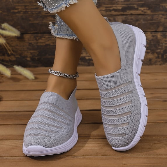HTHLVMD No-Lace Walking Shoes, Everyday Lightweight Shoes, Womens Slip On Walking Shoes Comfort Lightweight Breathable Non-Slip Mesh Casual Tennis Shoes Sneakers for Gym Travel Work, Gray 8