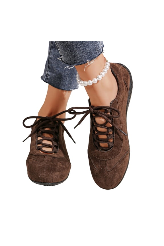 Non-Slip Lightweight Office Shoes, Breathable Cutout Daily Footwear, Retro Casual Walking Shoes, Women's Square Toe Lace-Up Cutout Flats - Retro Casual Walking Shoes, Brown 7