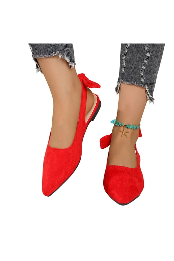 Non-Slip Lightweight Party Footwear, Comfort Pointed Toe Walking Flats, Women's Bow Pointed Toe Flat Shoes Suede Slingback Low Heels Slip On Flats Fashion Comfortable Casual Dress Shoe, Red 5