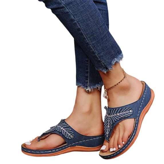HTHLVMD Non-Slip Orthotic Walking Sandals, Sandals for Women Arch Support Flip Flops Slip On Dressy Comfortable Casual Walking Thong Sandals Lightweight Memory Foam Platform Wedge Shoes, Dark Blue 10