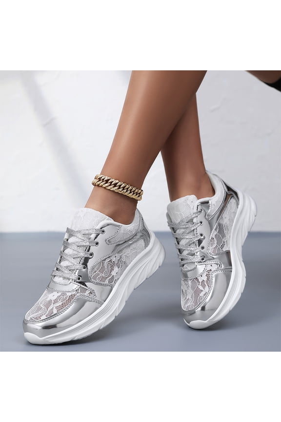 Orthopedic Shoes for Women, Sneakers for Women, Women's Lace Up Fashion Casual Sneakers Low Top Walking Shoes Platform Comfort Non Slip Tennis Shoes, Silver 7.5