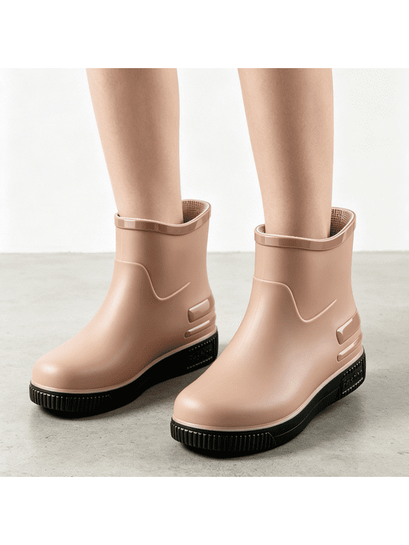 Outdoor Utility Shoes, Matte Ankle Rain Boots Waterproof Sporty Garden Shoes Thick Sole Slip On Mud Boots Outdoor Utility Footwear Cushioned Slip Resistant Water Boots, Khaki 7