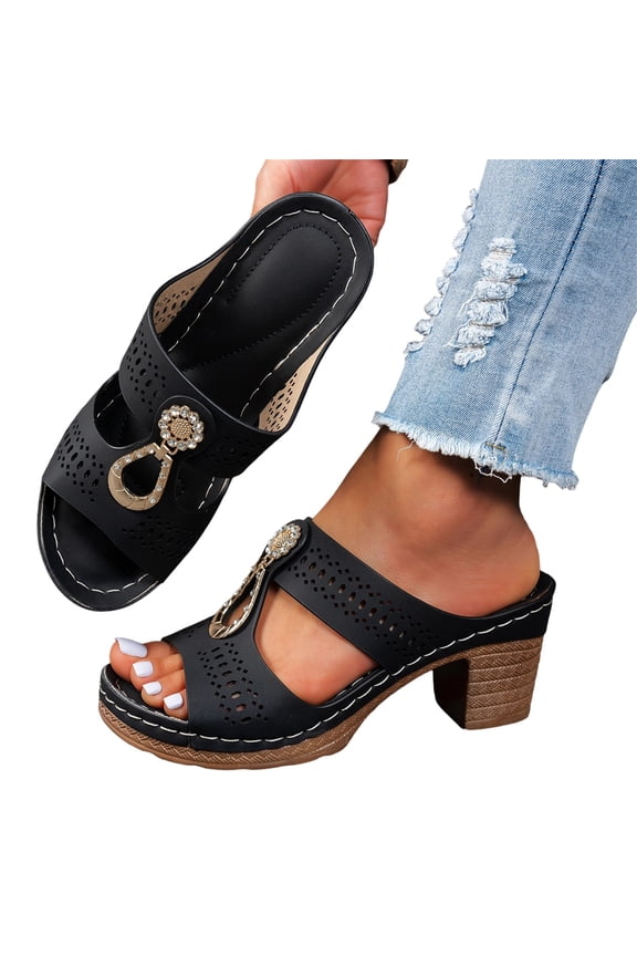 Perforated Chunky Heel Slides, Women's Chunky Block Heel Sandals - Open Toe Slip-On Ankle Strap Slides With Adjustable Buckle, for Casual & Evening Wear, Black 7