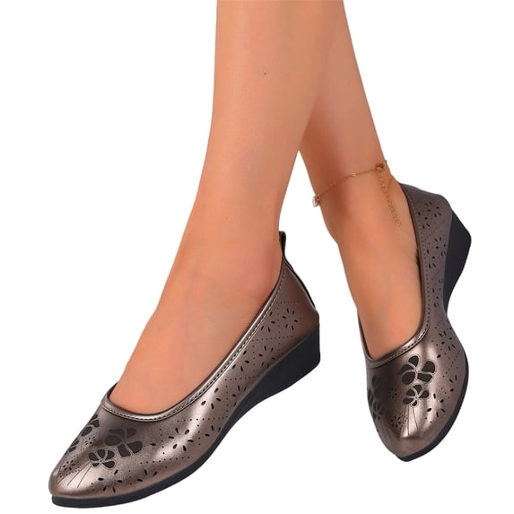 HTHLVMD Perforated Wedge Shoes, Cut-Out Comfort Footwear, Women's Ballet Flats Business Office Work Dress Shoes Low Wedge Round Toe Slip-Ons Comfortable Dressy Casual Flats for Women, Gray 9