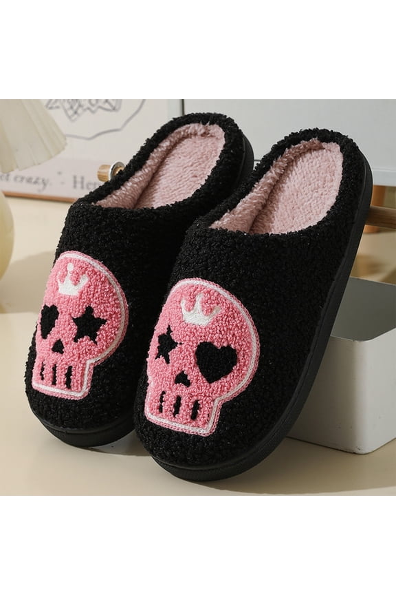 Pink Skull Slippers, Gothic Crown House Shoes, Fuzzy Warm Slip Ons, Halloween Pink Skull Plush Slippers Gothic Crown Skull Fuzzy House Shoes Cozy Closed Toe Warm Indoor Slippers, Black 5.5