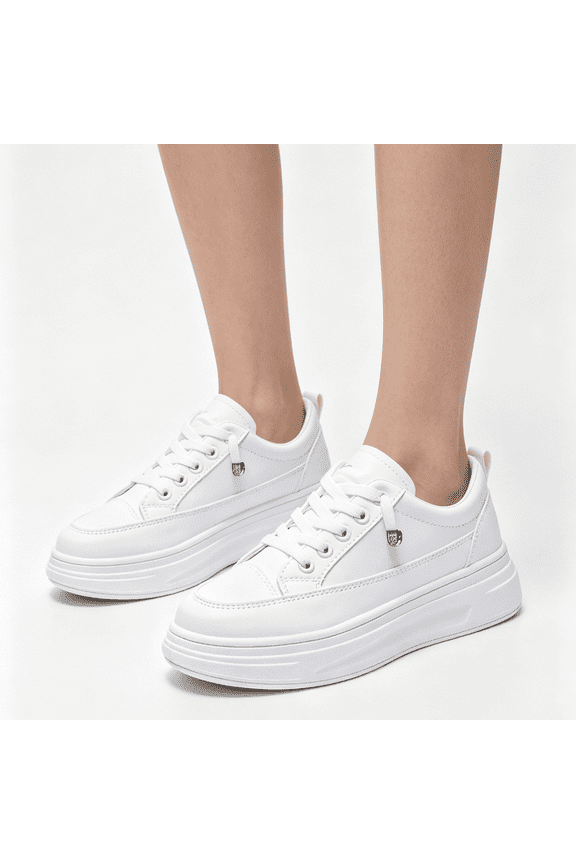 Platform Sneakers, Leather Casual Trainers, Lace Up Walking Shoes, Two Tone Fashion Footwear, Women's Platform Lace-Up Sneakers Two Tone Leather Casual Walking Shoes, White 5