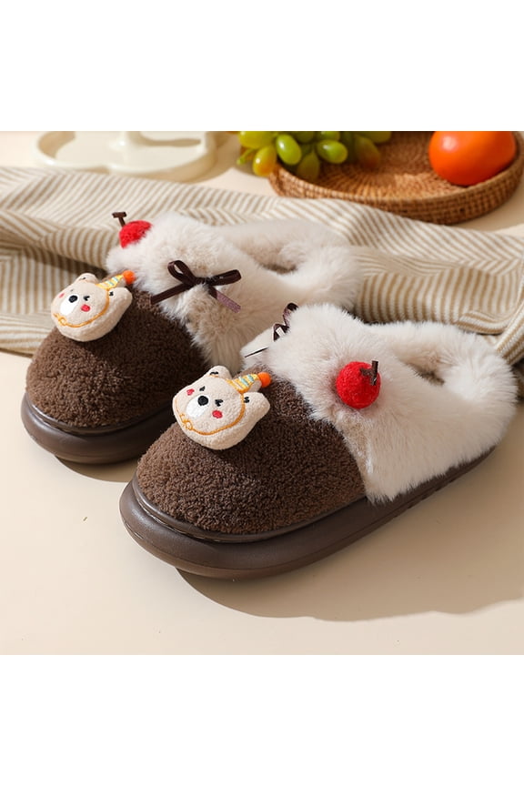 Plush Comfort Bedroom Slides, Women's Cartoon Bear Plush Slippers Cozy Christmas Fleece House Shoes Warm Winter Platform Comfort Cushion Mules Non Slip Bedroom Slides, Coffee 5.5