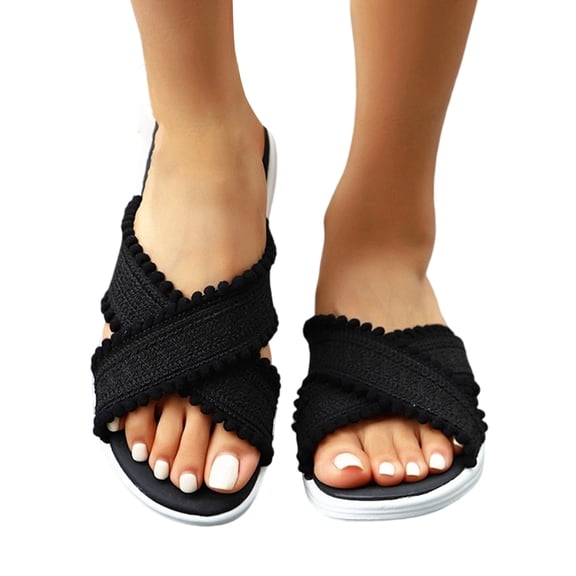HTHLVMD Pom Pom Sandals, Crisscross Slides, Orthopedic Slides Sandals for Women Breathable Mesh Sports Athletic Casual Slippers Sandals Lightweight Non Slip With Arch Support, Black 5.5
