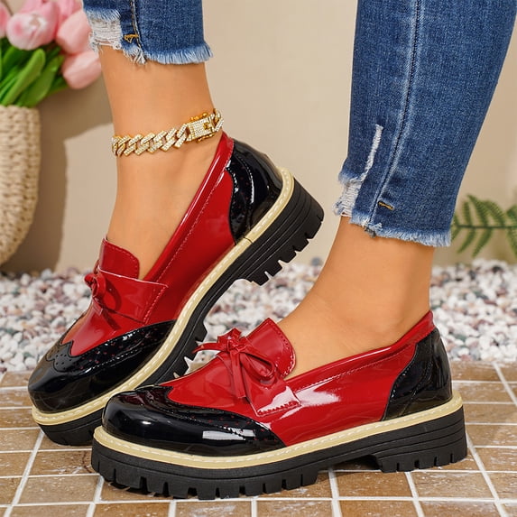 HTHLVMD Preppy Style Footwear, Office Shoes, Womens Platform Bow Loafers Fashion Patent Leather Comfort Round Toe Slip On Lug-Sole Chunky Heel Penny Loafers Daily Casual Business School, Red 5.5