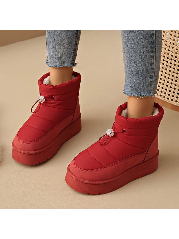 Puffer Winter Booties, Faux Fur Lined Winter Shoes, Women's Winter Snow Boots Slip On Quilted Puffer Booties Warm Faux Fur Lined Toggle Drawstring Platform Winter Shoes, Wine 6