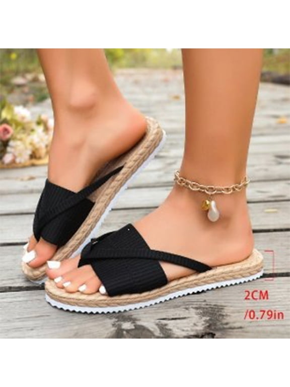 Raffia Espadrille Slides, Crisscross Strap Woven Sandals, Beach Woven Slides, Women's Open Toe Thong Dressy Sandals Summer Beach Flip Flops Trendy 2026 Slide Sandals, Black 8