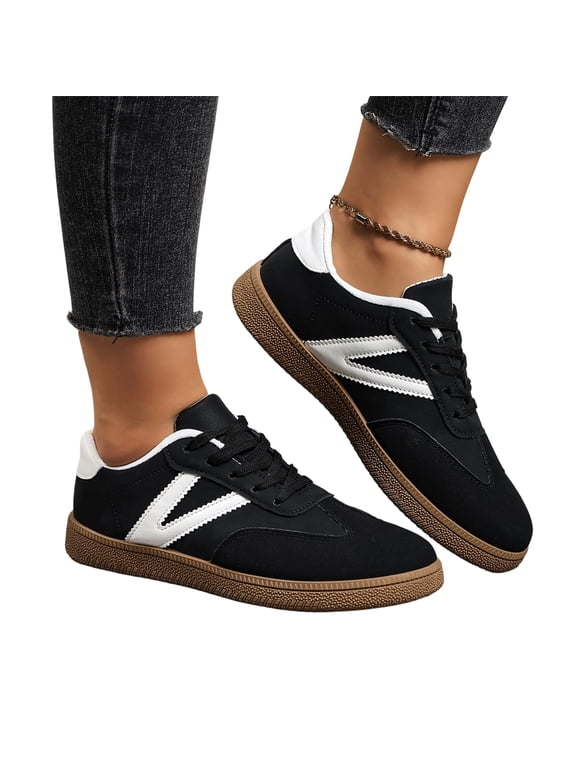 Retro Low Top Sneakers, Side V Stripe Walking Shoes, Women's Retro Low Top Skateboard Sneakers Casual Side V Stripe Walking Shoes Vintage Faux Leather Gum Sole Fashion Trainers, Black 6