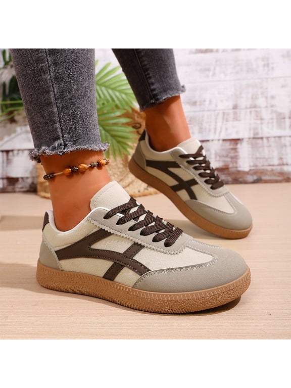 Retro Stripe Sneakers, Women's Casual Sneakers, Suede Sport Shoes, Women's Retro Gum Sole Fashion Sneakers Casual Retro Walking Shoes-Gum Sole Casual Tennis-Anti Slip Trainers, Beige 5.5