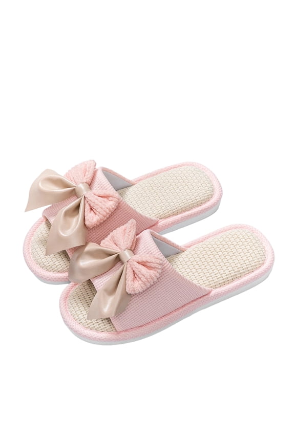 Ruffle Ribbon Slide Sandals, Women's Large Bow Knot Linen Slippers Sweet Ruffle Ribbon Slide Sandals Summer Home Open Toe Breathable Sweat Absorbing Indoor House Flat Shoes, Pink 6.5