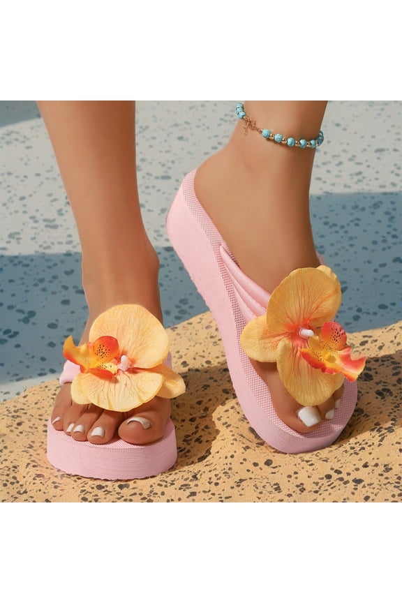 Sandals Women Dressy Summer Flat, Beach Sandals, Women's Flower Platform Flip Flops, Women's 3d Floral Platform Sandals Holiday Wedge Sandals Beach Flip Flops, Pink 6.5
