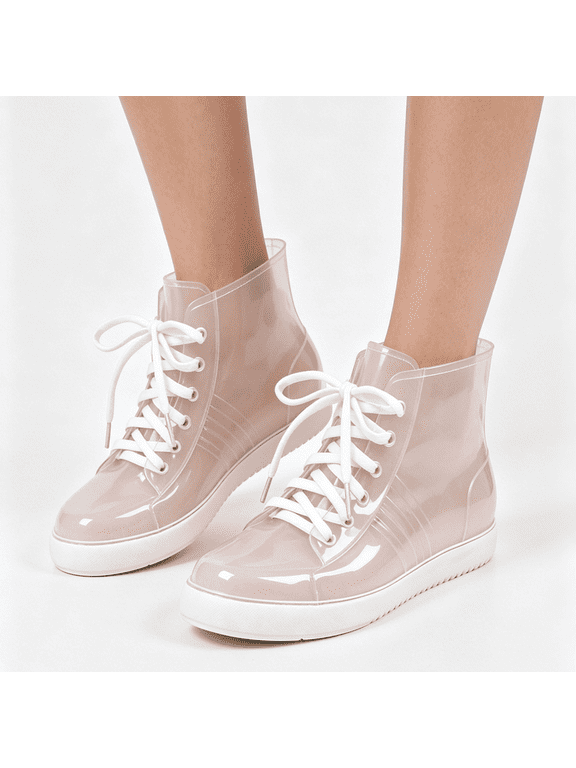 See Through Garden Boots, Clear Lace Up Rain Boots Transparent Waterproof Sneakers Fashion Water Shoes See Through Non Slip Garden Mud Footwear Casual Lightweight Rainy Day Boots, White 7