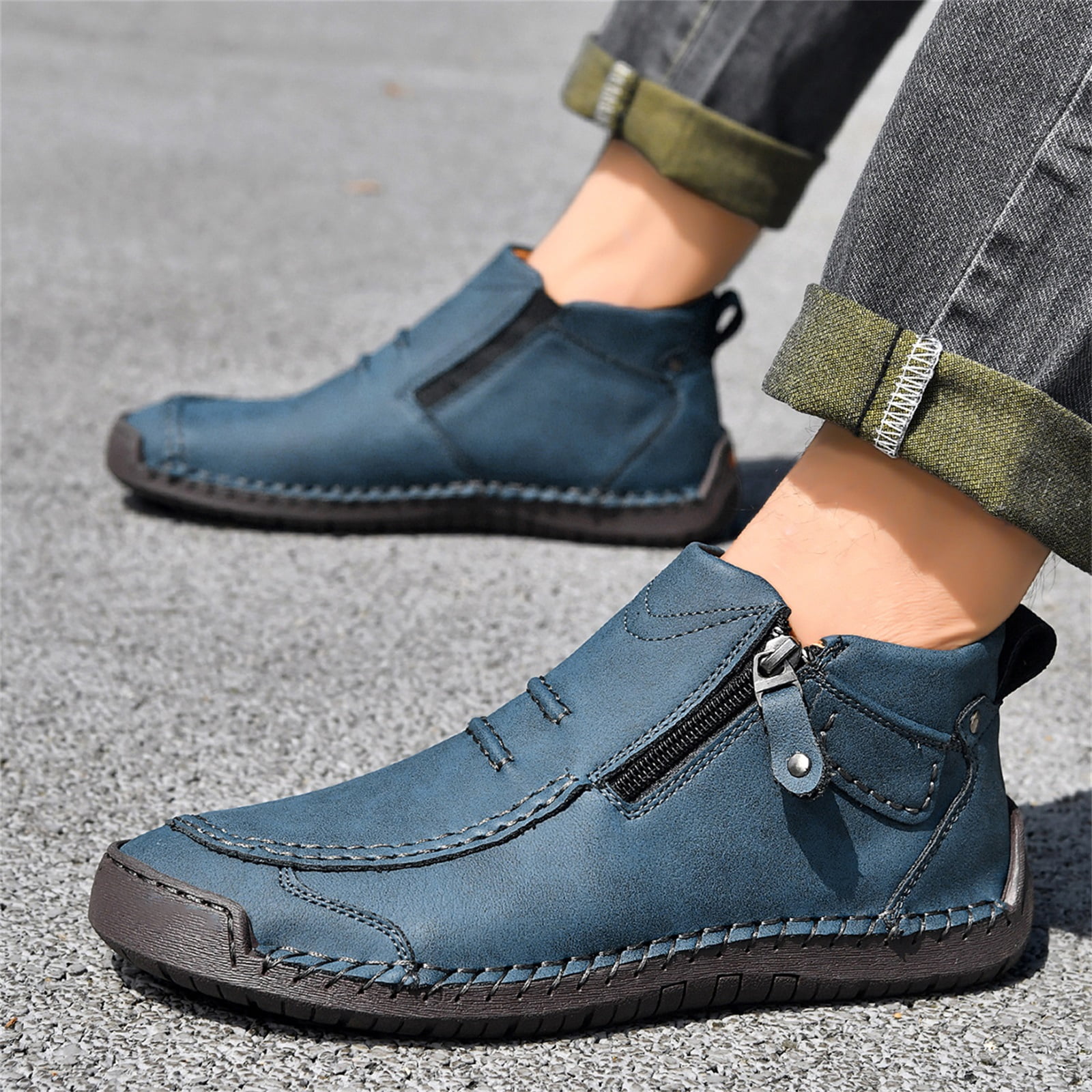HTHLVMD Side Zipper Boots for Men, Men’S Slip-On Orthopedic Leather Boots,Men’S Handmade Premium Leather Slip-On Driving Boots,Men Side Zipper Orthopedic Shoes for Driving Hiking, Blue 7.5