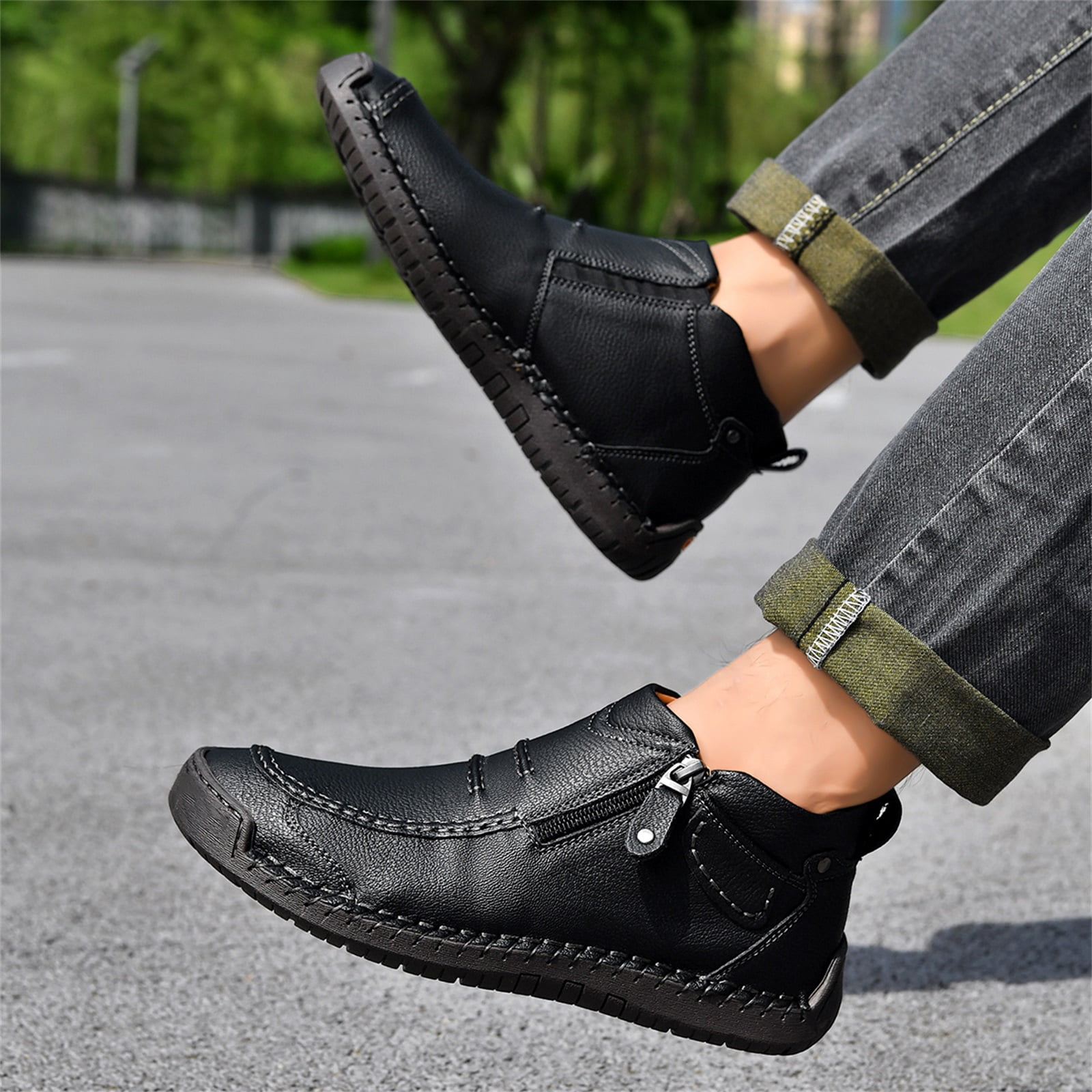 HTHLVMD Side Zipper Boots for Men, Men’S Slip-On Orthopedic Leather Boots,Men’S Handmade Premium Leather Slip-On Driving Boots,Men Side Zipper Orthopedic Shoes for Driving Hiking, Black 11.5